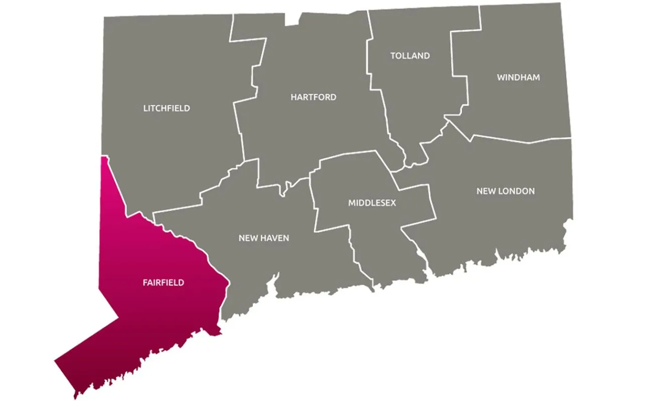 Map of Connecticut Counties with Fairfield highlighted in purple.