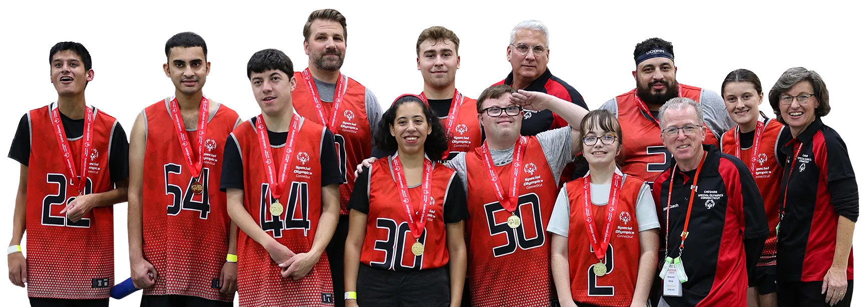 Basketball team wearing medals